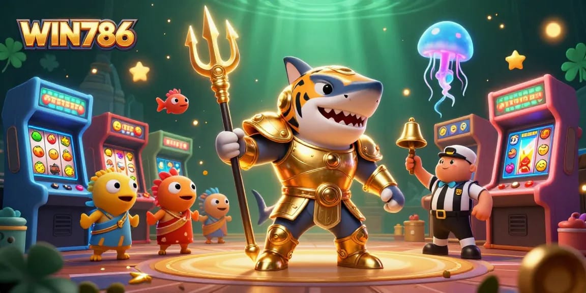 WIN786 offers thrilling gaming with a ferocious shark hero in an underwater arena, surrounded by vibrant casino elements.