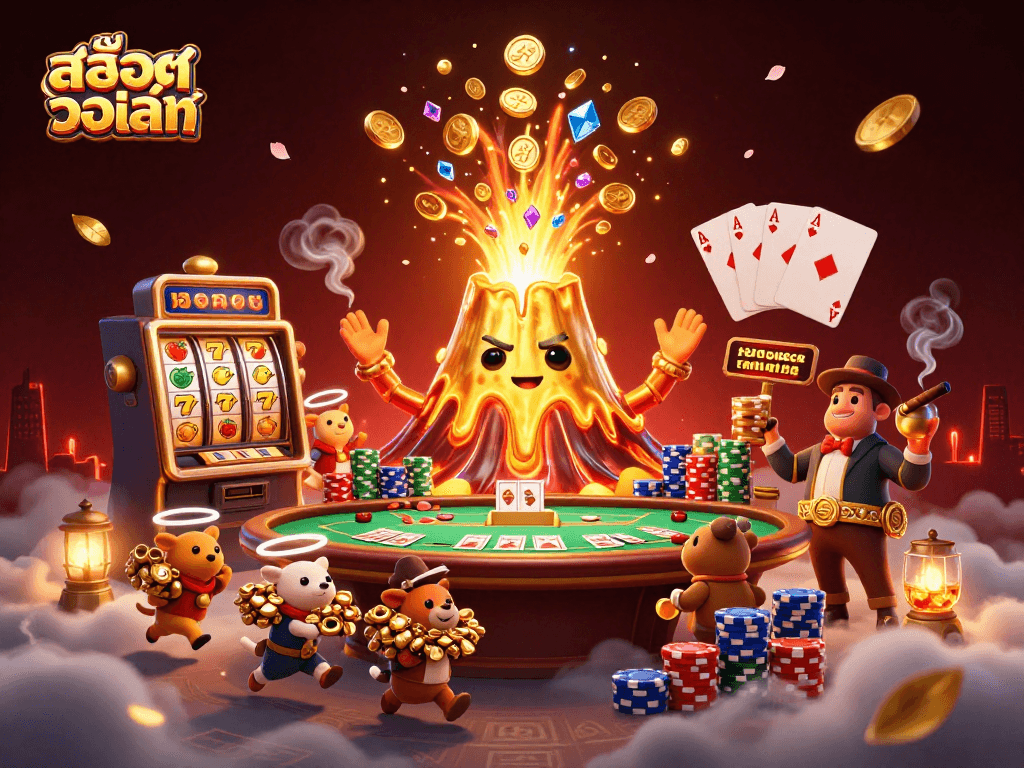 Spin the 슬롯을여는 machine with สล็อตวอเลท, golden volcano erupting coins and adventurous explorers.