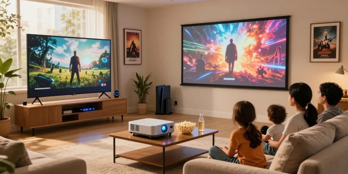 Family enjoying a movie night with the best projector 2026 in a cozy living room setting, showcasing a vibrant display and comfortable ambiance.