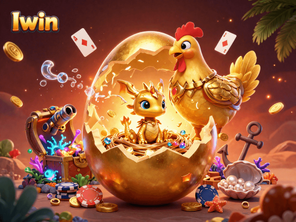 Iwin showcases a vibrant golden dragon amidst poker chips in an exciting casino scene.