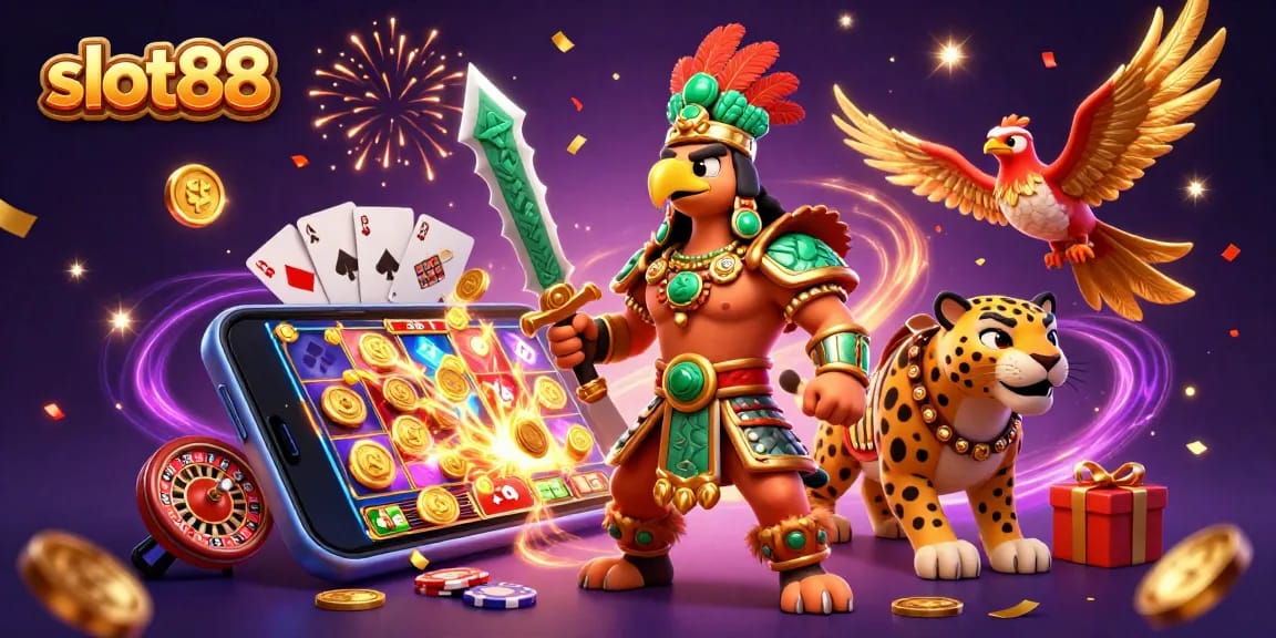 Spin to win with slot88 in an exciting casino scene featuring warriors and vibrant gaming elements.
