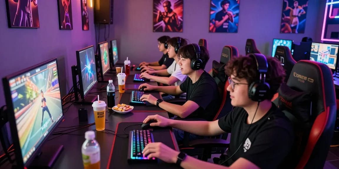 LUCK8 esports gaming competition in lively lounge, friends engaged, vibrant atmosphere.