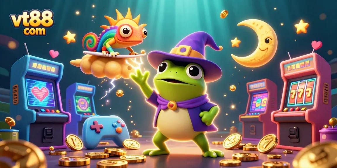 Experience excitement at vt88 com with a vibrant 3D casino illustration showcasing magical characters amidst a whirlwind of coins and gaming elements.