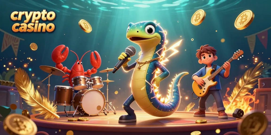 A lively crypto casino scene with a DJ electric eel and band, swimming through underwater excitement.