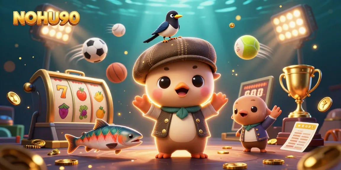 Experience thrilling gameplay with NOHU90's vibrant 3D casino scene featuring slots and action.