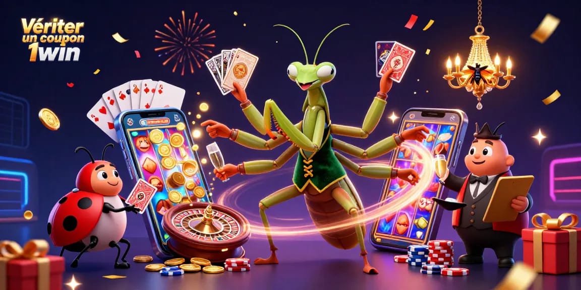 Vérifier un coupon 1win avec une illustration dynamique de jeux de casino, mettant en scène un cambrioleur!