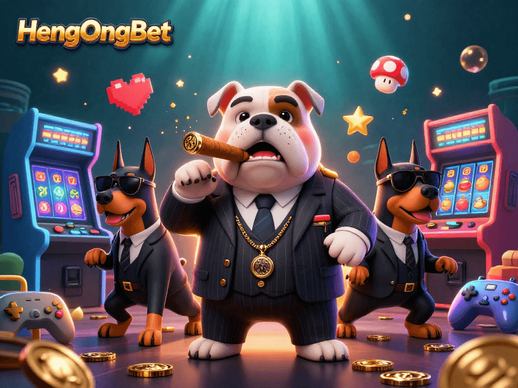 Engage with the exciting HengOngBet gaming atmosphere featuring a mafia-style bulldog and dynamic casino elements.
