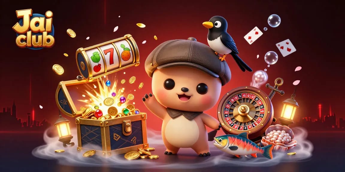 Engage with Jai club's playful scene featuring a cute Loch Ness monster and vibrant casino elements.