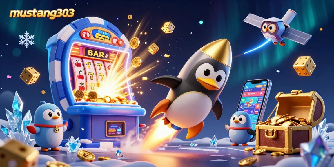 Spin the reels with mustang303 in a vibrant 3D casino adventure featuring a golden penguin and slot machine.