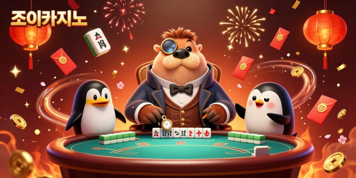 Experience thrilling gameplay at 조이카지노 with a jolly walrus poker scene, vibrant casino elements, and engaging characters.