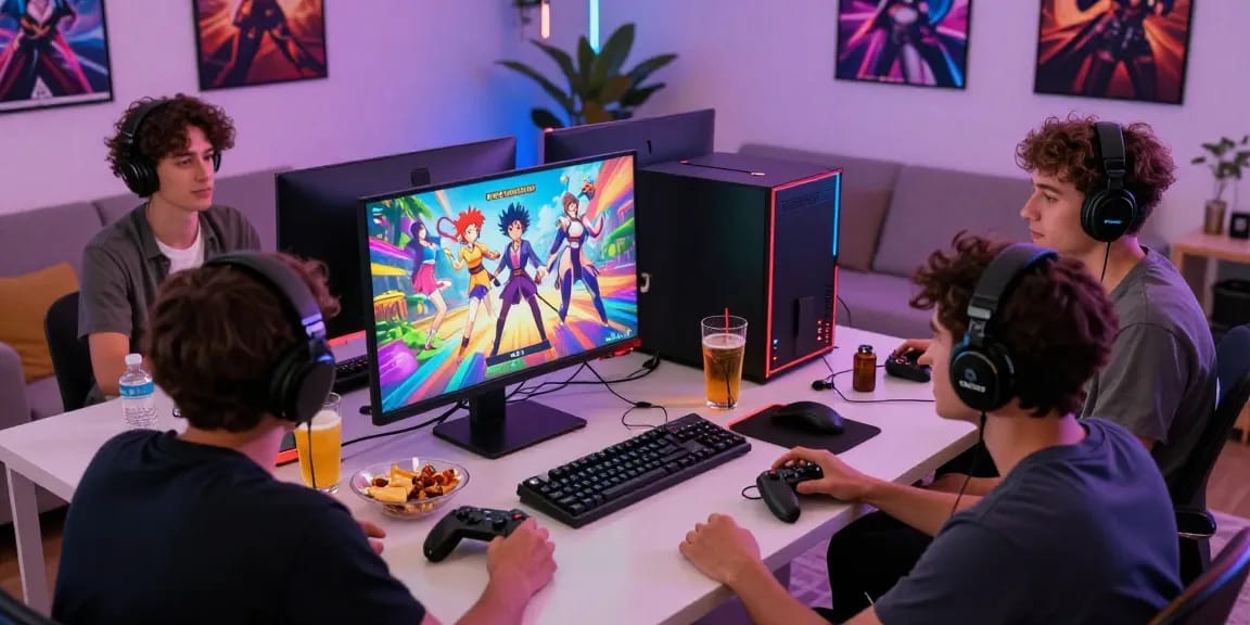 Engaging scene of friends playing a hentai game online in a vibrant gaming setup