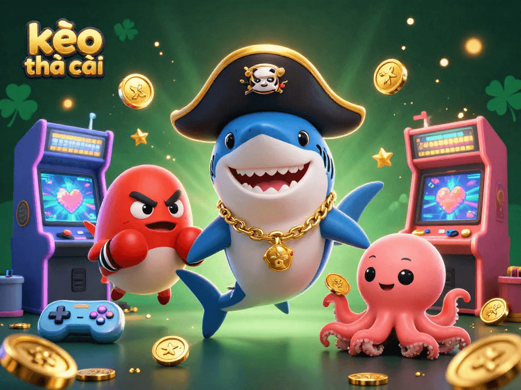 Engaging casino scene showcasing kèo nhà cái with a pirate shark, boxing pufferfish, and an octopus holding coins.