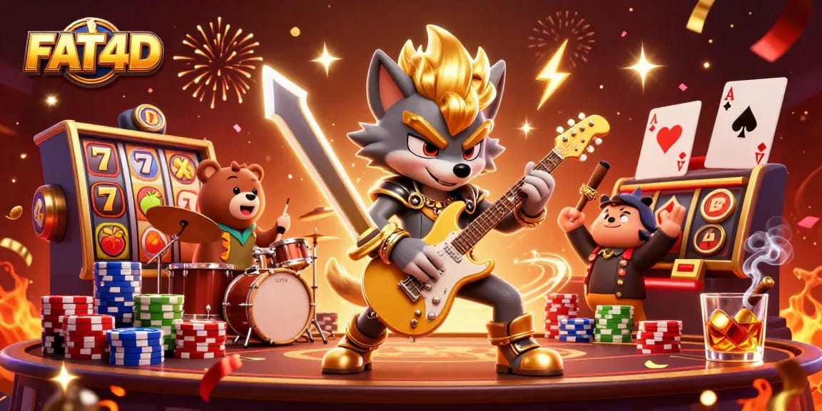 FAT4D showcases a vibrant scene with a rock star wolf in a casino, blending slots, confetti, and dynamic characters.