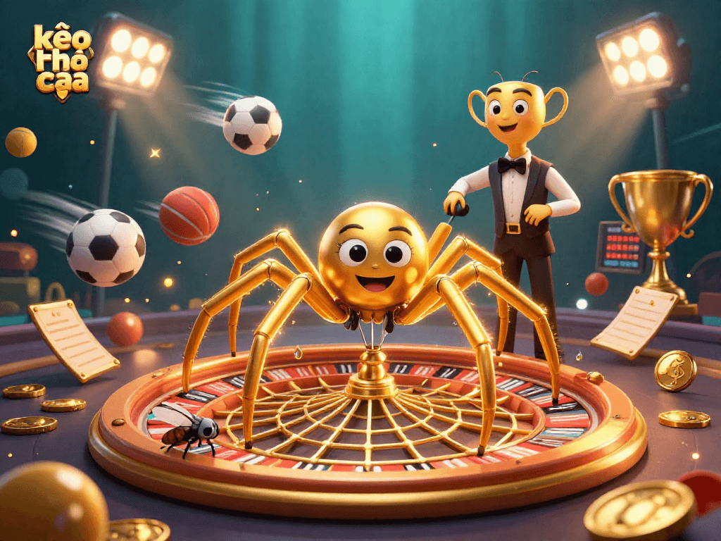 Engage with kèo nhà cái as a golden spider spins a roulette web, while sports balls fly around.