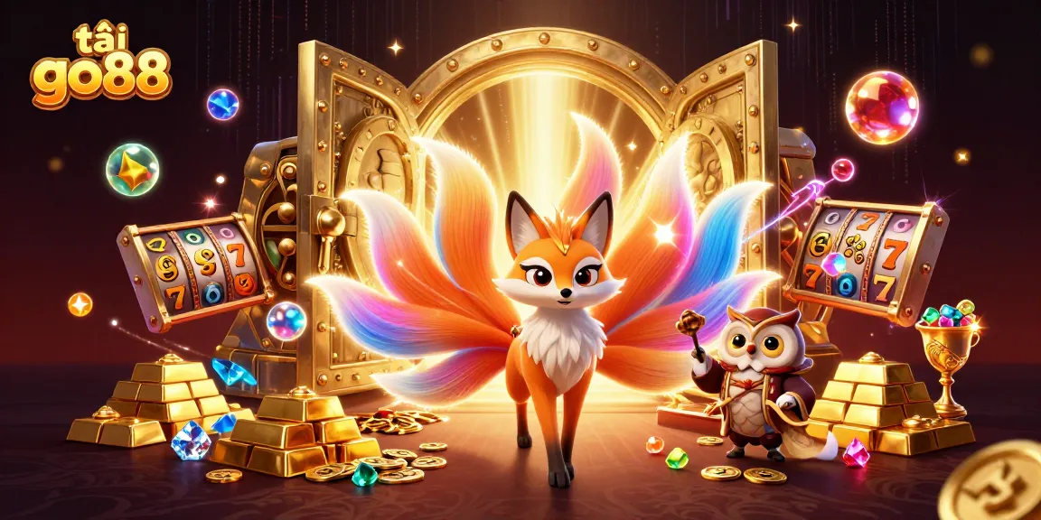 Tải go88 vibrant casino-themed illustration featuring a glowing fox spirit, treasures, and magical orbs.