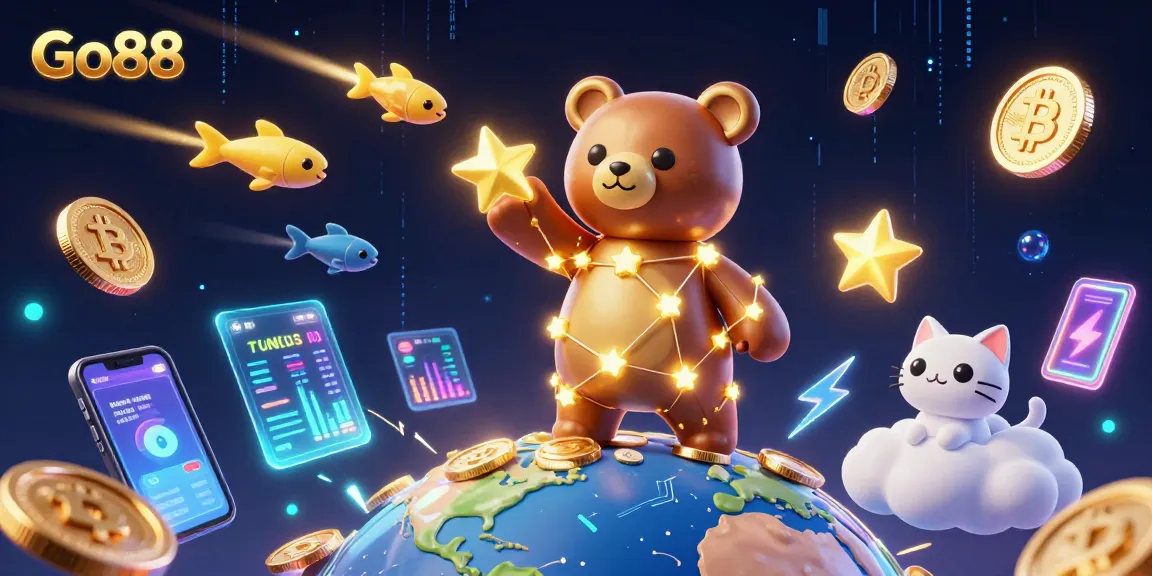 Engage in exciting games at Go88 with a constellation bear scooping coins amidst crypto elements.