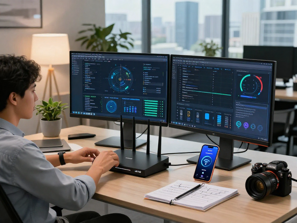 Menyesuaikan router wifi 4d modern di kantor dengan perangkat jaringan, grafik kinerja terlihat.