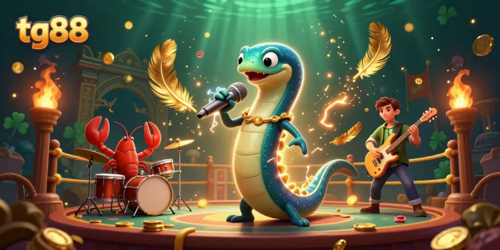 Experience the excitement of tg88 with a vibrant underwater casino featuring an electric DJ eel and lively band.
