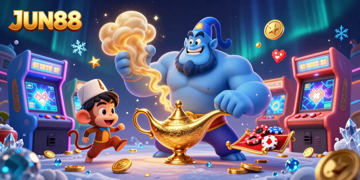 Experience thrilling gameplay with JUN88 as a genie bursts from his lamp amidst colorful casino elements.