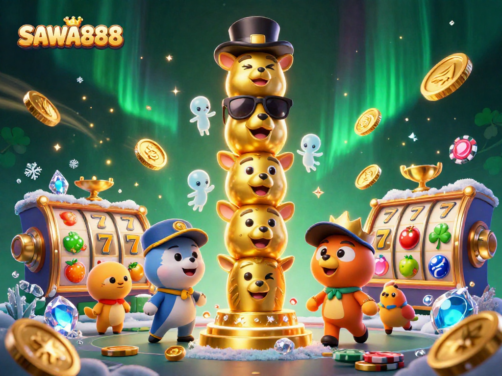 SAWA888 offers vibrant and engaging slots with gold coins and jackpots throughout this lively casino illustration.