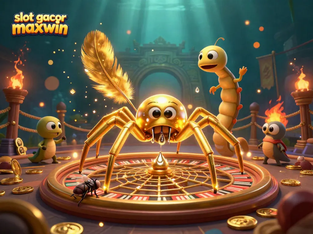 Bet on slot gacor maxwin with a dynamic scene of a golden spider and croupier in a casino.