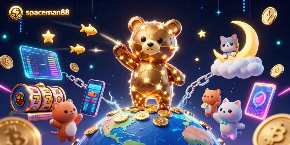 Experience thrilling wins with spaceman88 in a vibrant casino scene filled with dazzling slot reels and crypto assets.