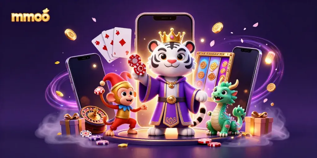 Mmoo lively casino scene with a white tiger, playful monkey, and jade dragon amidst poker chips and slot games.