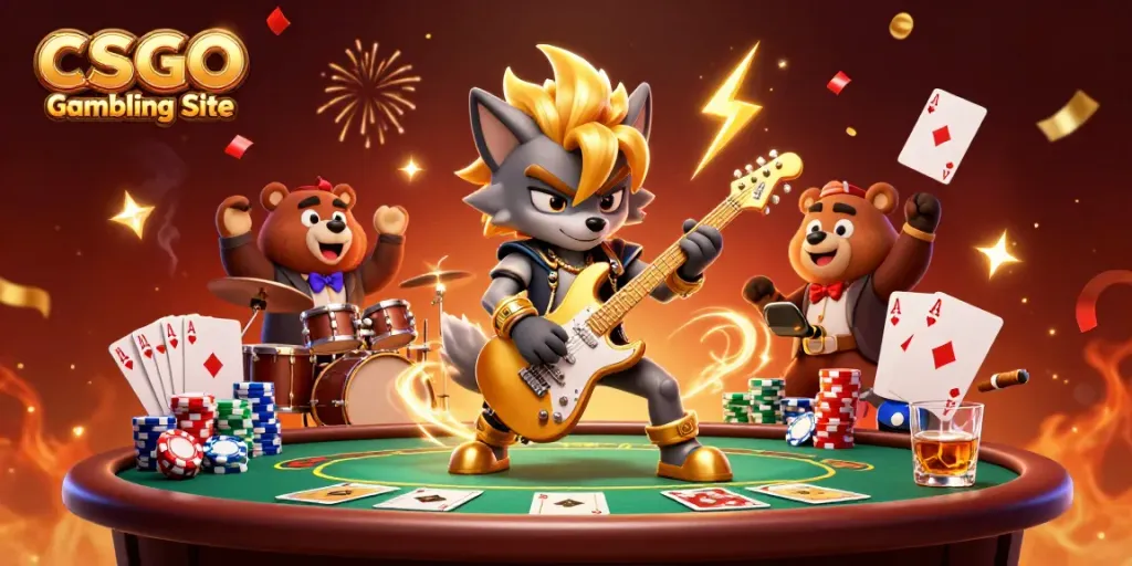 Experience thrilling gameplay with our CSGO Gambling Site featuring vibrant characters and poker elements.