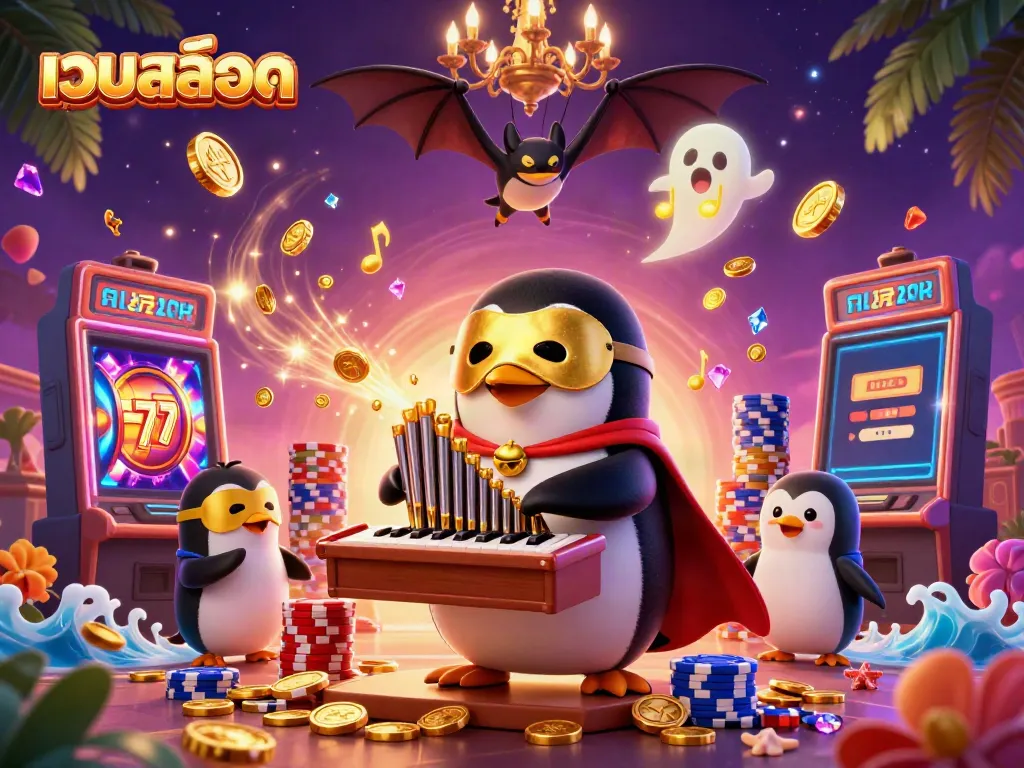 Experience the excitement of เว็บสล็อต with a vibrant scene featuring animated coins, slot machine reels, and a whimsical character.