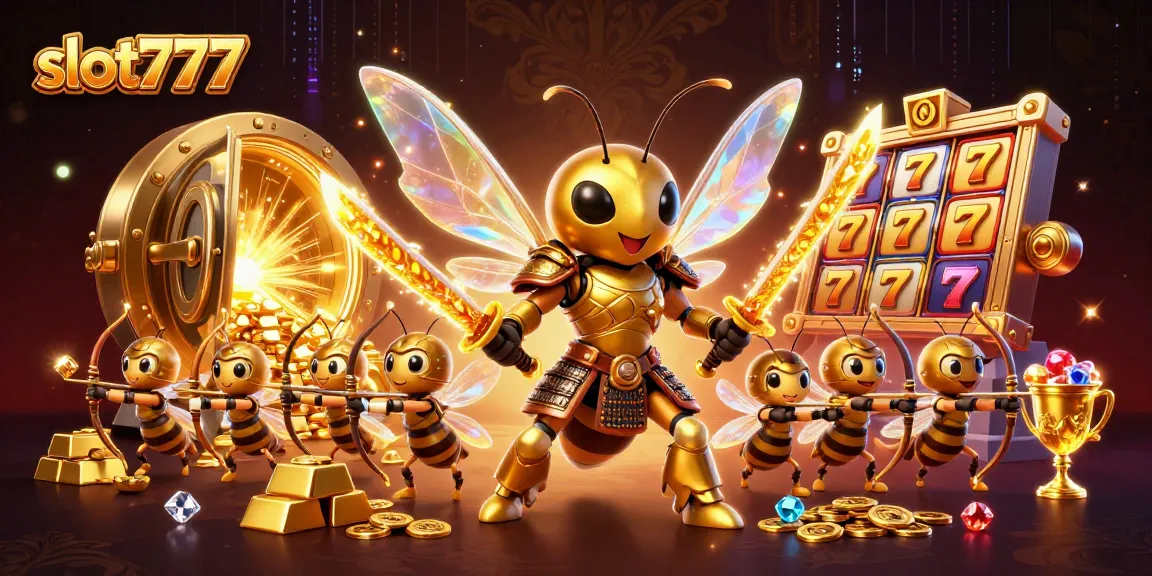 Menangkan slot777 dengan ilustrasi menarik dari hornet emas dan simbol slot yang kaya.