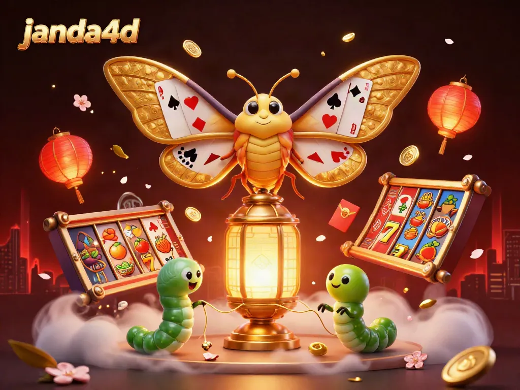 Menangkan jackpot dengan janda4d, melihat kupu-kupu emas dalam ilustrasi kasino yang penuh warna.