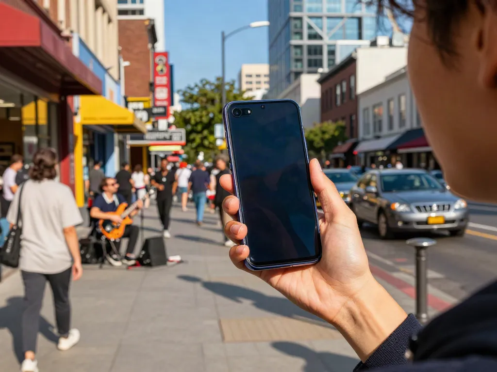 Engaging scene of a user actively exploring the A80 website on a Samsung Galaxy A80 amidst a lively urban backdrop.