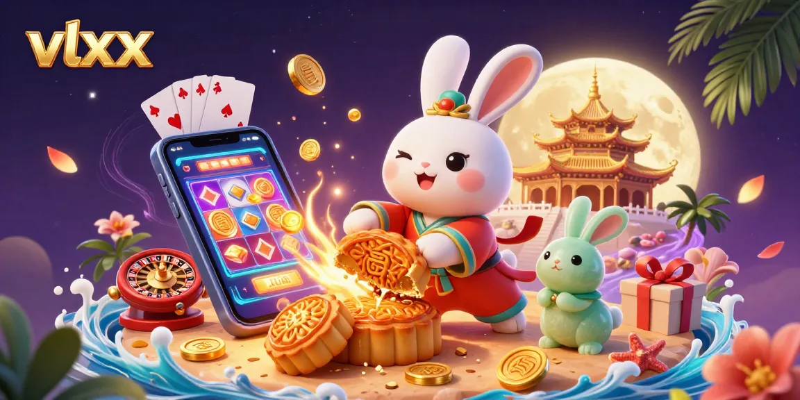 Engage with vlxx's vibrant 3D casino scene featuring poker chips and a whimsical moon rabbit.