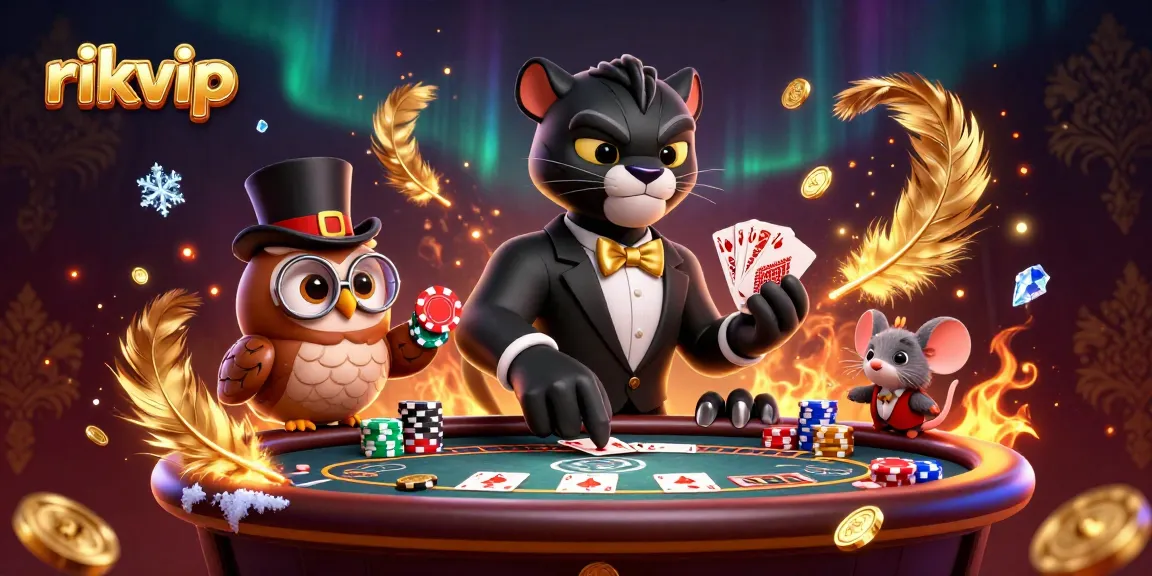 Experience thrilling moments at rikvip's poker table with charming characters and vibrant casino elements.