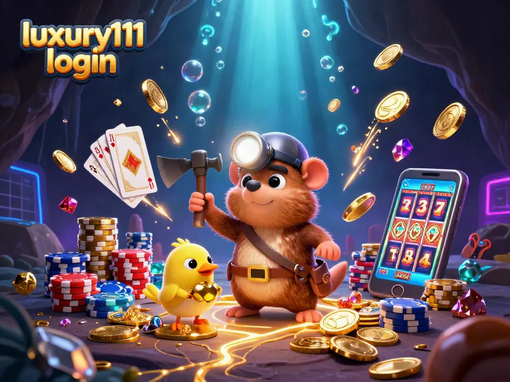 Spin the reels with luxury111 login as the cartoon mole and canary discover treasures in a vibrant casino scene.