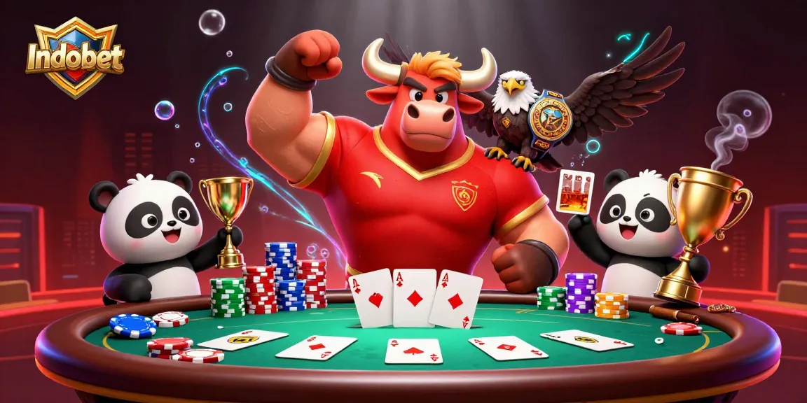 Indobet merayakan kemenangan dengan karakter kasino, poker, dan atmosfer ceria.