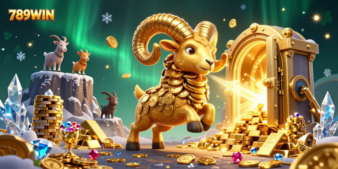 Engage with 789WIN's thrilling atmosphere featuring a golden ram amidst treasures and casino delights.