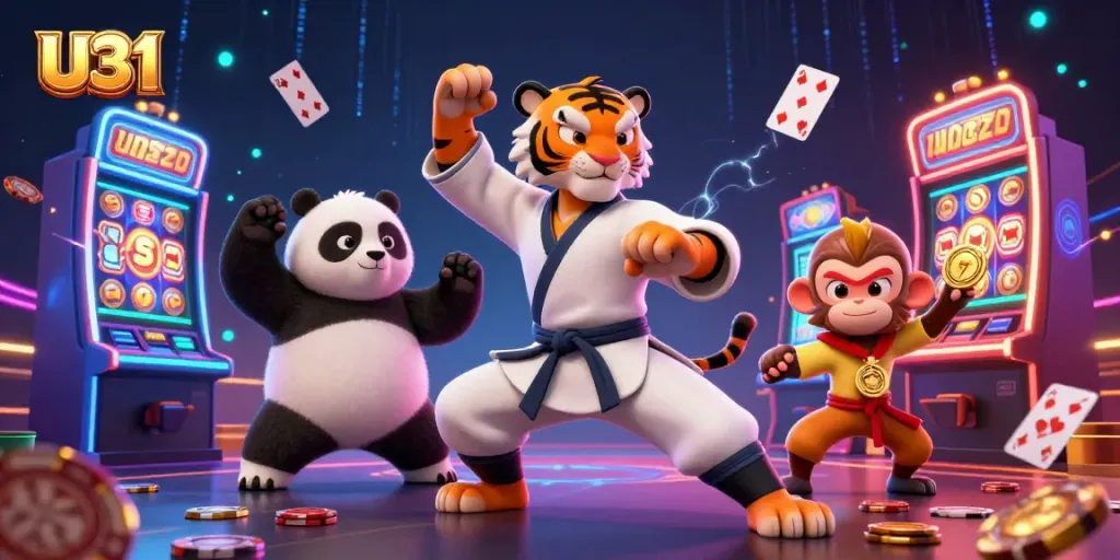 Engage with U31's dynamic casino scene featuring kung fu characters and glowing slot machines.