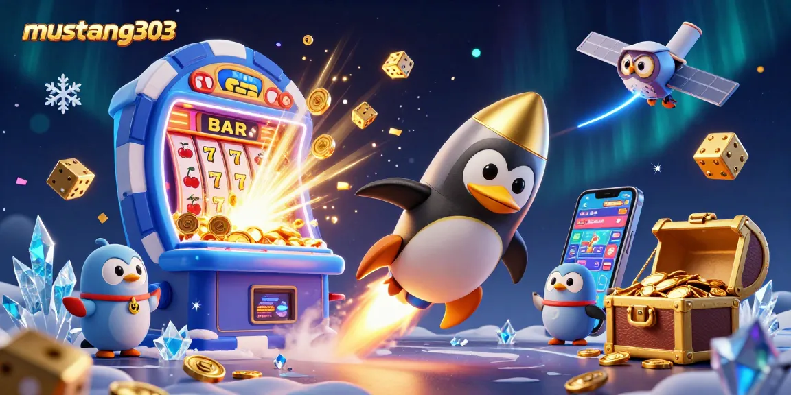 Spin the reels with mustang303 in a vibrant 3D casino adventure featuring a golden penguin and slot machine.