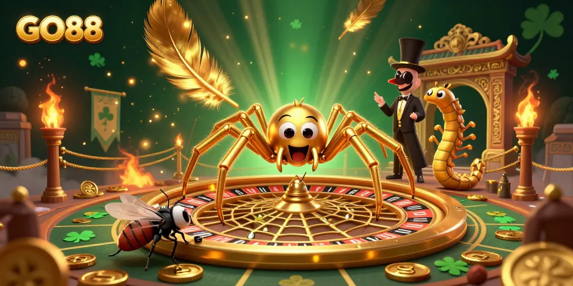 Experience the thrill of GO88 with a detailed 3D illustration of a golden spider spinning a roulette web in a vibrant casino setting.