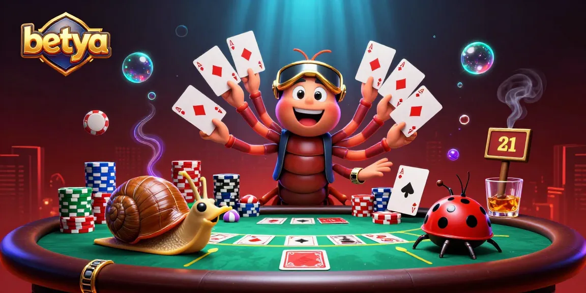 Engage in exciting bets with betya featuring a cartoon millipede dealer and high-rolling snail at a poker table.