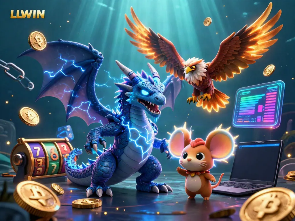 Engage with the vibrant world of LLWIN as a thunder dragon, thunder mouse, and hawk soar among neon cryptocurrency elements.