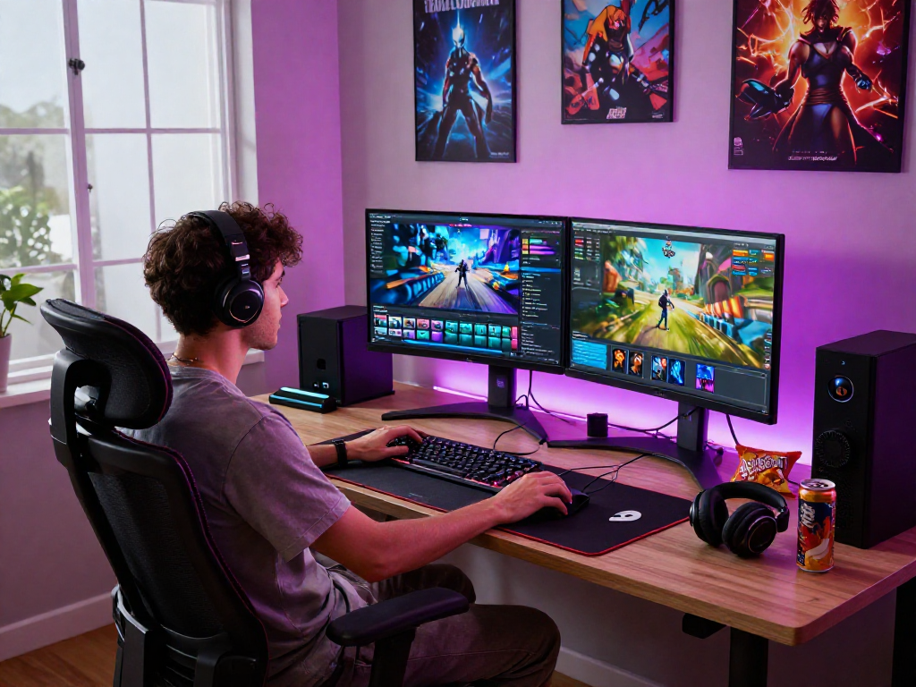 Gamer engaging with mpocash.blog in a vibrant home office filled with gaming gear and colorful graphics.