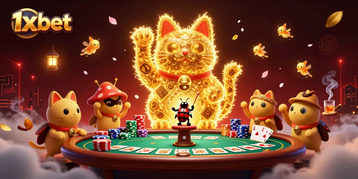 Experience the excitement of 1x bet with a giant lucky cat surrounded by vibrant casino elements.