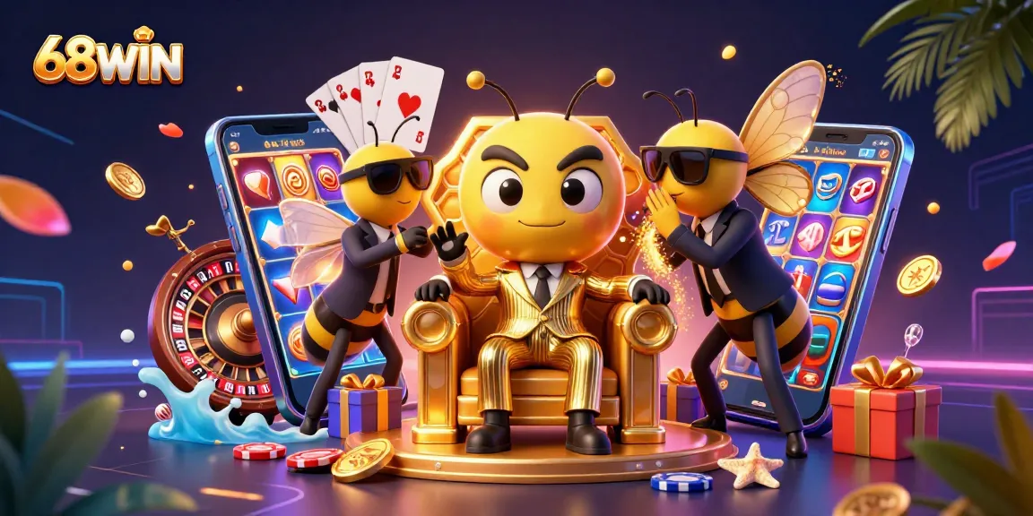 Engage with 68WIN through vibrant slot games featuring bumblebee characters in a dynamic casino scene.