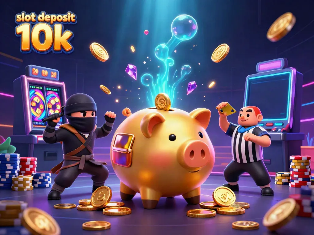 Slot deposit 10k menarik perhatian dengan ilustrasi kartun 3D, menampilkan karakter menarik dan elemen kasino.