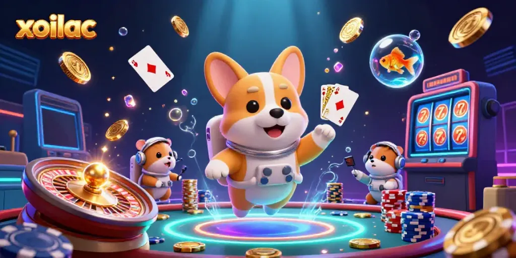 Participate in exciting games with xoilac in an ultra-detailed 3D casino scene filled with vibrant elements.
