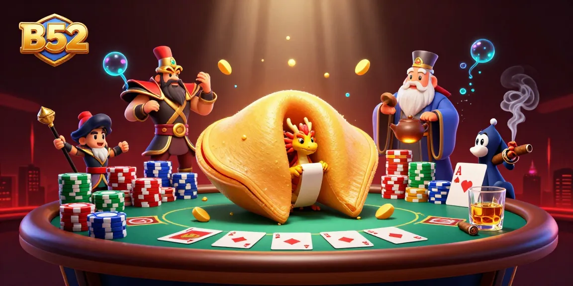 B52 players enjoying a vibrant casino scene with a giant golden fortune cookie and poker chips