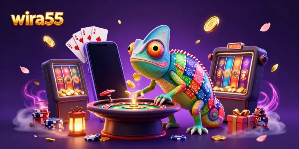 Experience wira55 Casino's vibrant gaming atmosphere with a colorful chameleon owner and dynamic slot games.