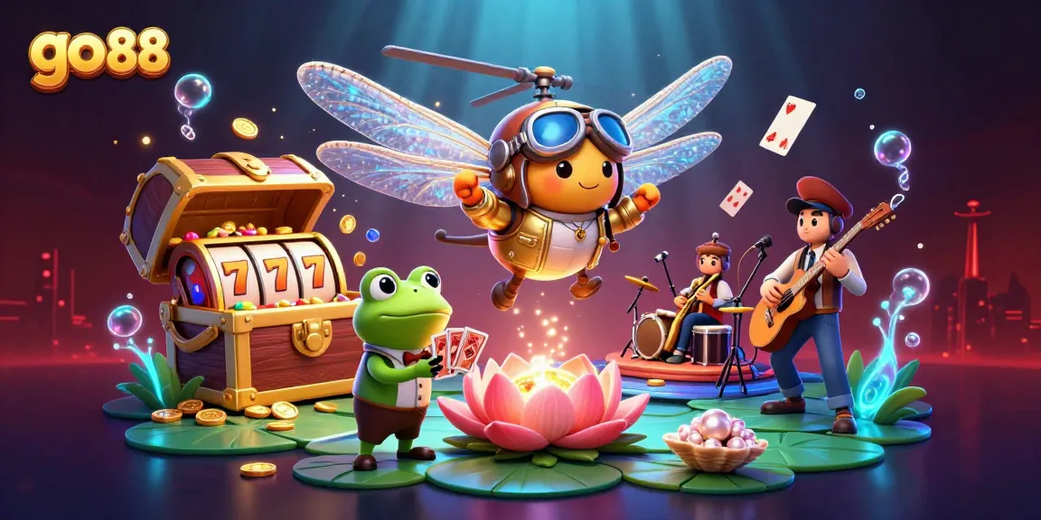 Engage with go 88 at a vibrant lily pad casino featuring unique characters and slot elements.